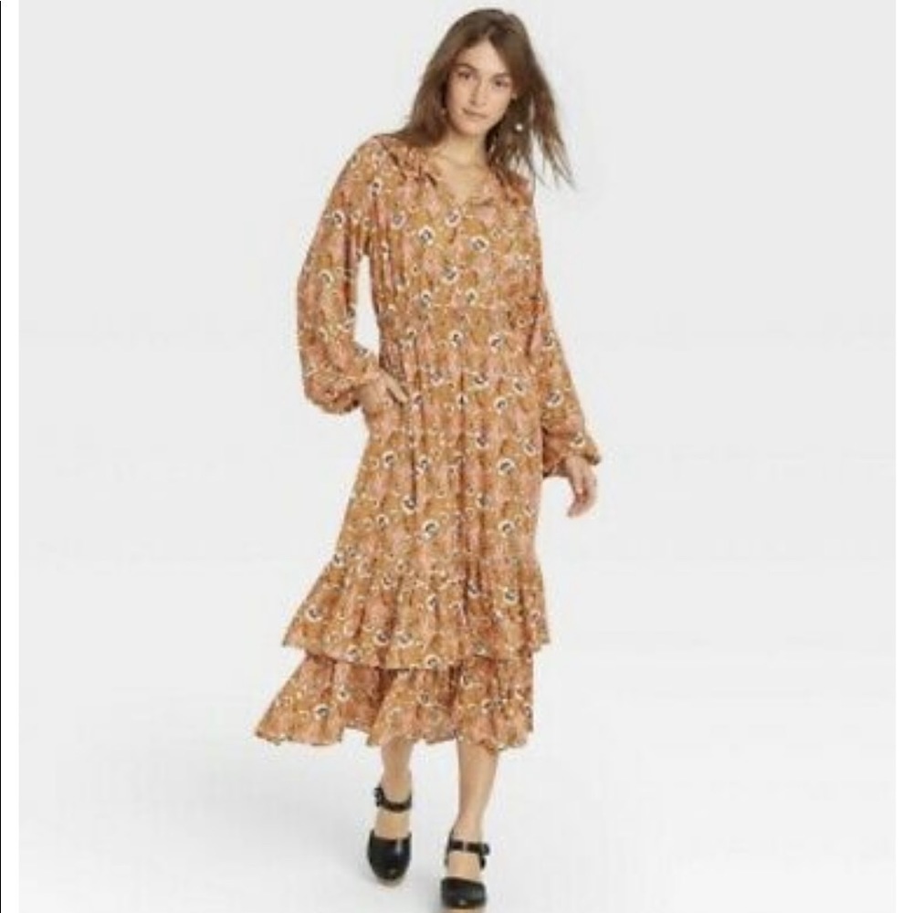 WOMENS Balloon Long Sleeve Ruffle Collar Dress - Universal Thread Yellow Floral